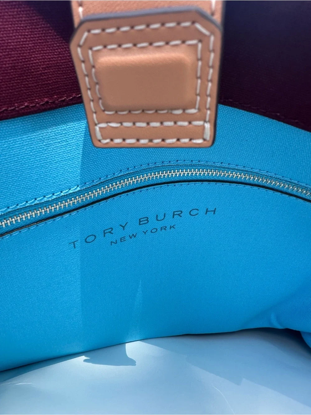 Tory Burch Turquoise Canvas Logo Tote with Navy Emblem